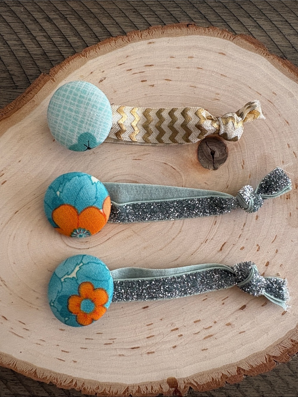 Kids Elastic Button Hair Ties in Teal and Gold - Pack of 3